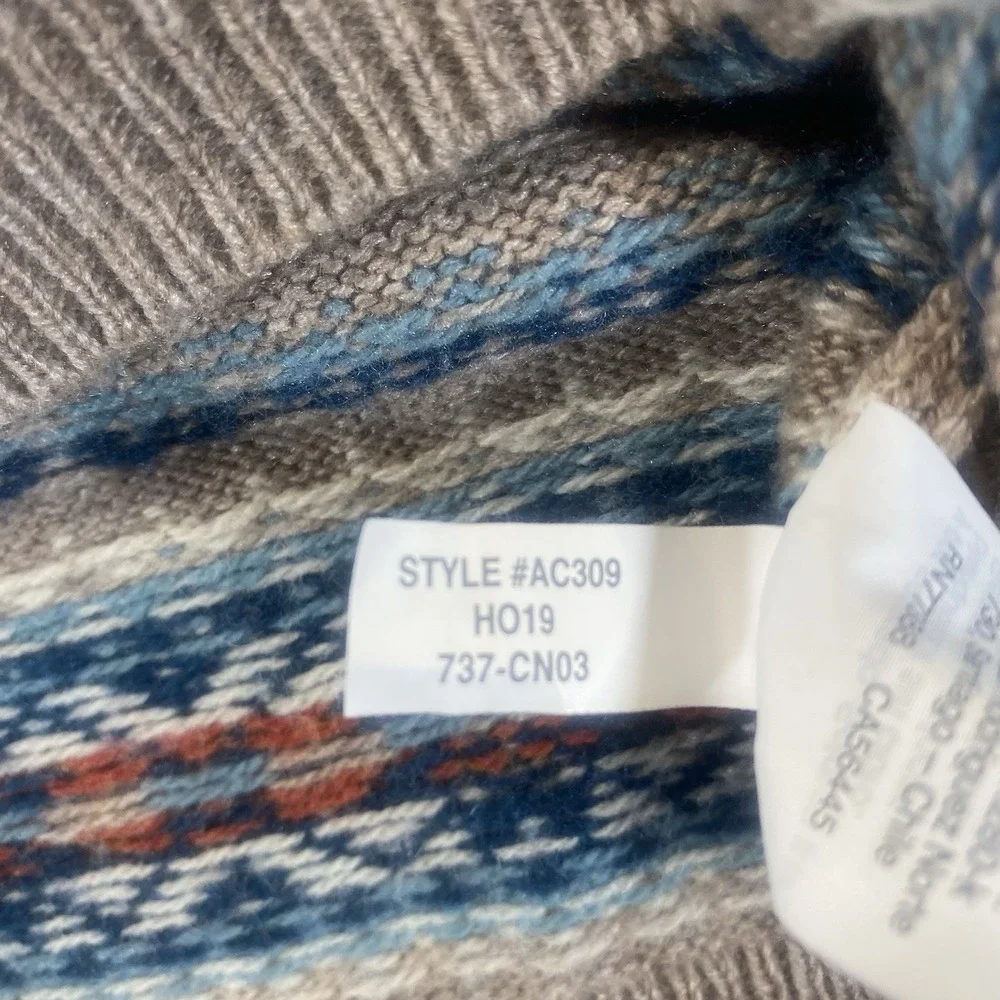 J Crew Mens L Striped‎ Lambs Wool Sweater Beige Blue Orange Academia Dad